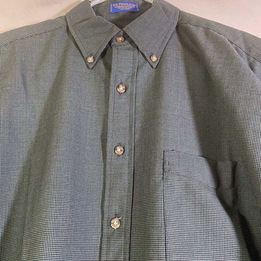 Vtg Pendleton 100% Virgin Wool Shirt Green Houndstooth Shirt Size Large